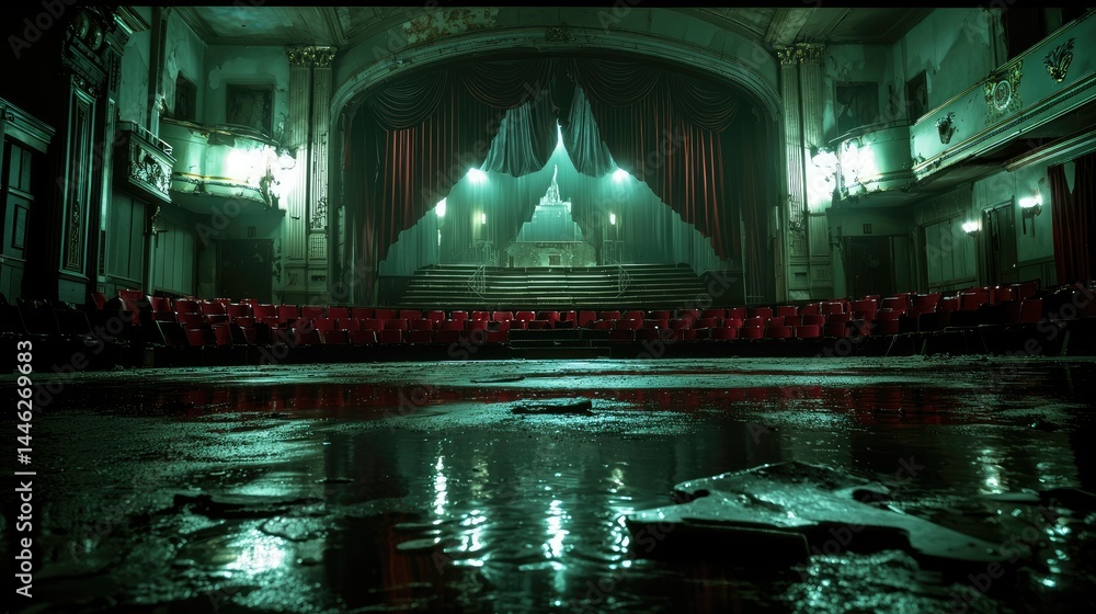 A hauntingly beautiful theatre interior filled with deep reflective water A hauntingly beautiful theatre interior filled with deep reflective water