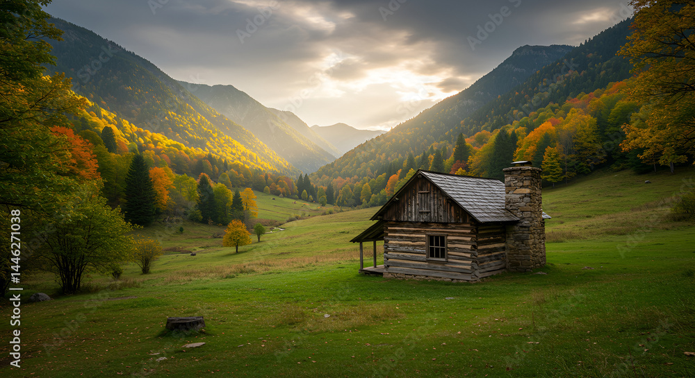 Secluded Cabin In An Autumnal Valley Bathed In Golden Light Secluded Cabin In An Autumnal Valley Bathed In Golden Light