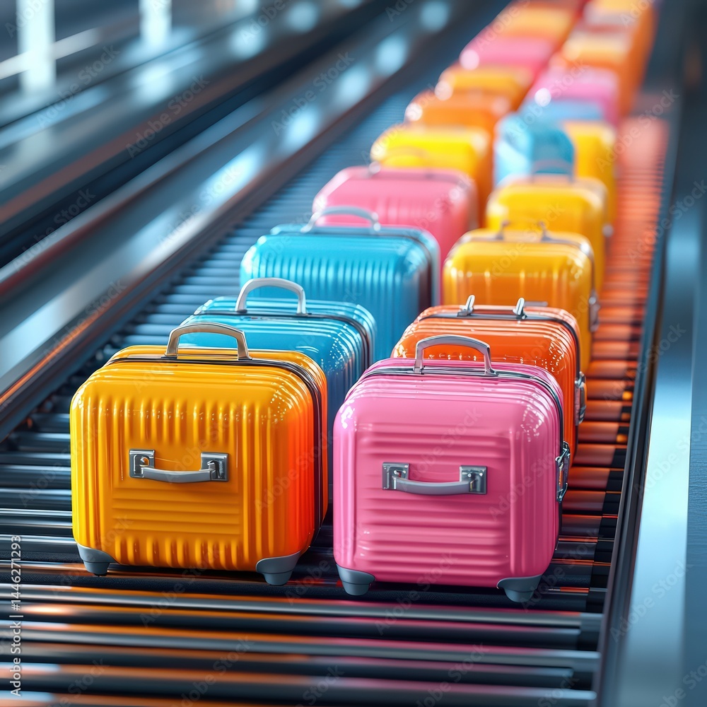 Fototapeta premium Top view conveyor belt luggage in airport tourism trip vacation planning world tour with suitcase of travel, leisure touring holiday summer concept. copy space, banner. 3d rendering illustration