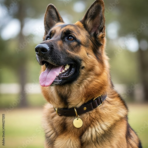 Majestic German Shepherd Wearing Leather Collar Tag