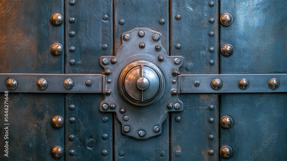 Fototapeta premium Vintage metal door with intricate bolt and rivets in industrial design
