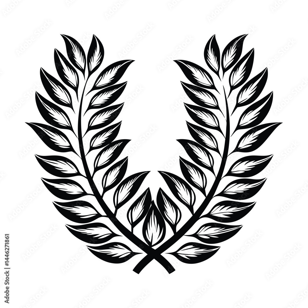 Obraz premium Ornate Black Olive Branches Wreath Design Element, Leaves, Foliage, Isolated, Monochrome