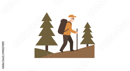 Hiking man with backpack walking among trees in a forest  