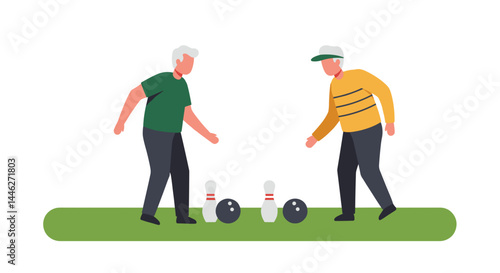 Senior men playing bowling on a green background  