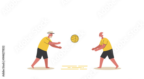 Two men playing volleyball in matching yellow outfits  
