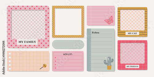 Set of paper notes, stickers, photo frames, wish list, lined and grid pages. Isolated girly elements and reminders for scrapbooking, collages, and planners in retro style. Vector illustrations.