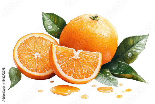 Juicy orange slices whole fruit vibrant watercolor painting with green leaves and bright sunlight