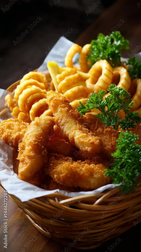 Basket of golden deep fried fish strips with curly fries and fresh parsley garnish on crinkle paper