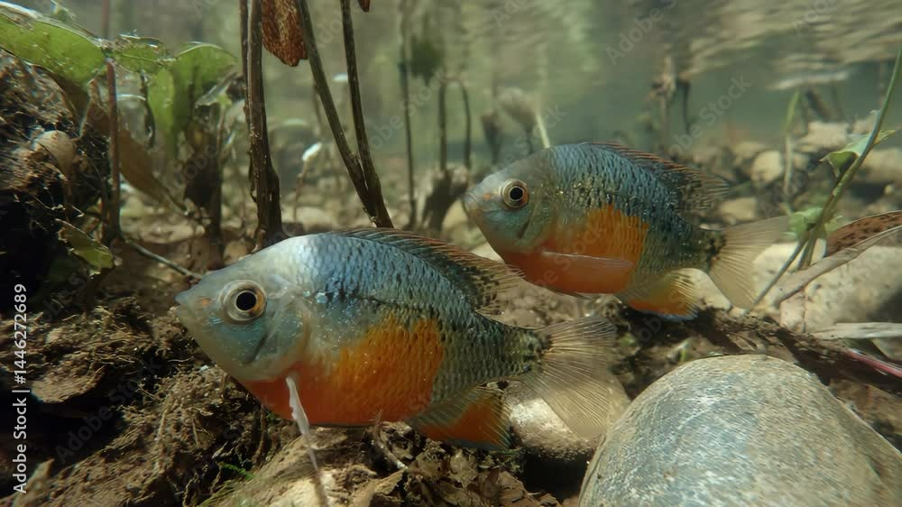 Two colorful fish swim in murky water with aquatic plants and rocks in shallow freshwater habitat, showcasing the aquatic ecosystem. Two colorful fish swim in murky water with aquatic plants and rocks in shallow freshwater habitat, showcasing the aquatic ecosystem.