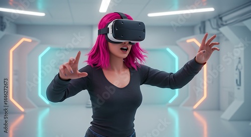 Young gamer in VR headset experiencing virtual reality in a minimalistic room, neon ambient lights, arms extended — futuristic gaming concept, tech and excitement.