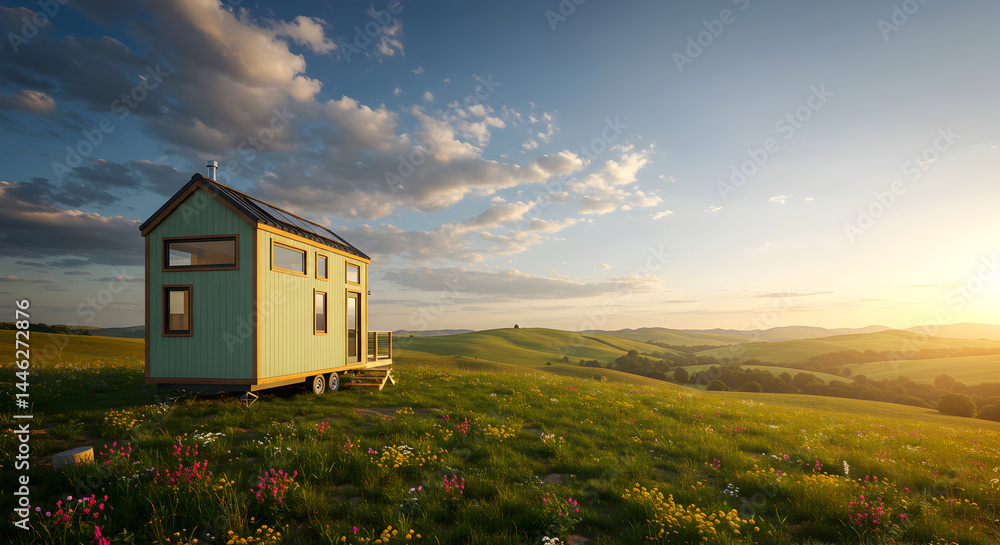 Scenic Tiny House Living on Rolling Hills at Sunset For Sustainable Future Scenic Tiny House Living on Rolling Hills at Sunset For Sustainable Future