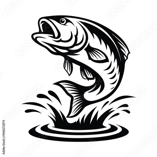 Leaping Largemouth Bass, Black & White Silhouette, Water Splash, Aquatic Wildlife