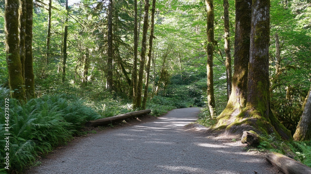 Fototapeta premium Gravel path winds through a lush forest with tall trees
