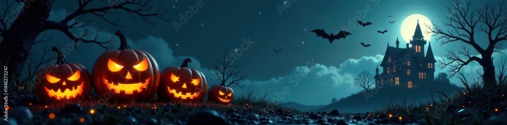 Creepy jack-o'-lanterns, flying bats, spiderwebs on haunted mansion silhouette, dark scene , silhouette, pumpkin Creepy jack-o'-lanterns, flying bats, spiderwebs on haunted mansion silhouette, dark scene , silhouette, pumpkin