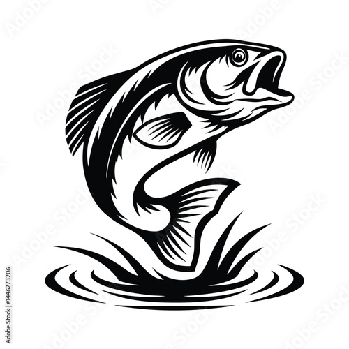 Leaping Fish Silhouette with Detailed Fins and Water Splash, Isolated on White Background