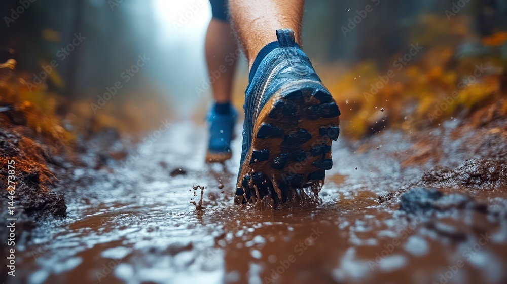 Running Through Mud CloseUp of Footwear in Wet Terrain Running Through Mud CloseUp of Footwear in Wet Terrain