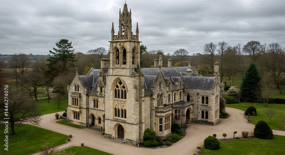 Obraz premium Majestic Stone Mansion With Towering Architecture Amidst Green Estate
