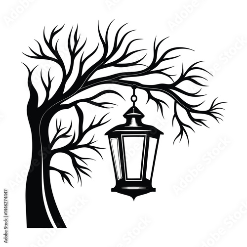Silhouette of a Tree with Bare Branches and Hanging Lantern on White Background