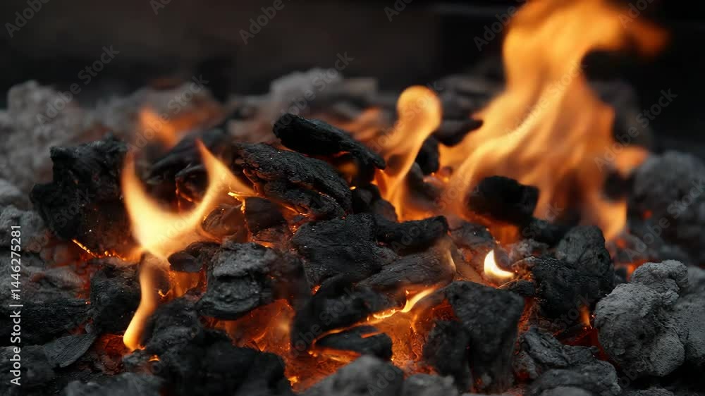 Glowing embers burning in flames for cooking and heating, creating warmth and light in a close-up view. Glowing embers burning in flames for cooking and heating, creating warmth and light in a close-up view.
