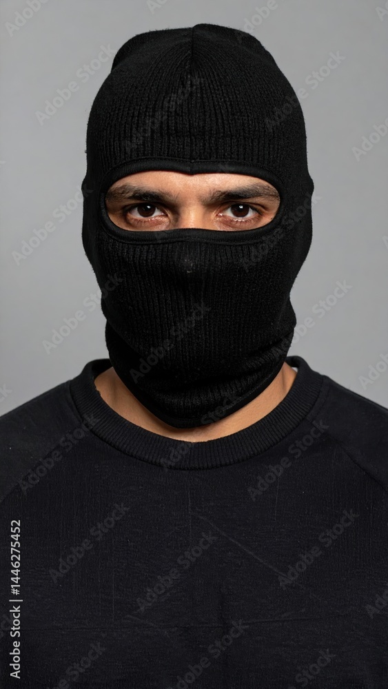Masked male adult in black balaclava with intense gaze Masked male adult in black balaclava with intense gaze
