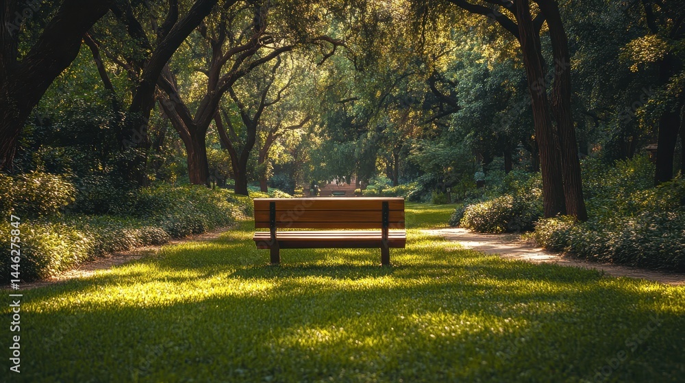 Fototapeta premium Tranquil park scene: empty bench among lush green trees in sunlit forest pathway