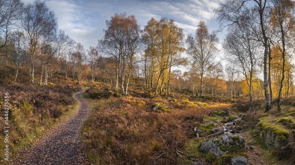 A winding path leads through a forest in the autumn