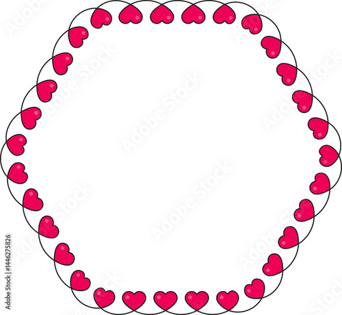 Wavy sinusoidal line with small red hearts distributed along the path, forming a hexagonal polygonal shape with alternating heart placements.