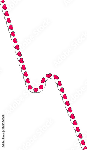 Wavy sinusoidal line with small red hearts distributed along a distorted and irregular zigzag path.