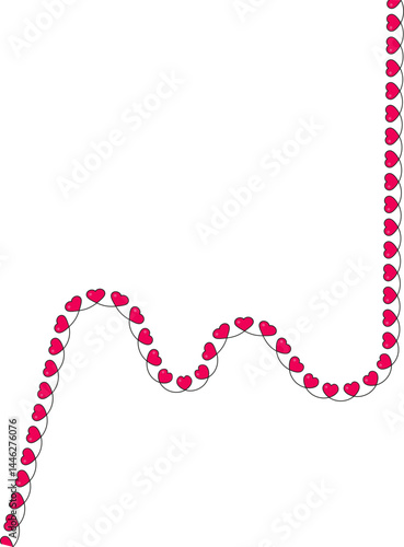 Wavy sinusoidal line with small red hearts distributed along its path, featuring interruptions creating a broken and disjointed effect.