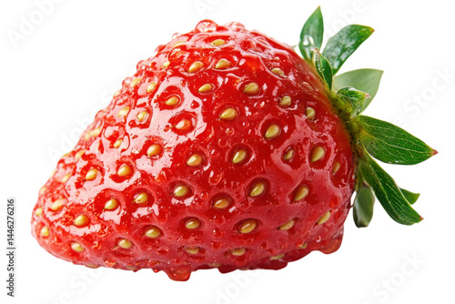 Juicy ripe strawberry vibrant red glistening texture isolated on white background