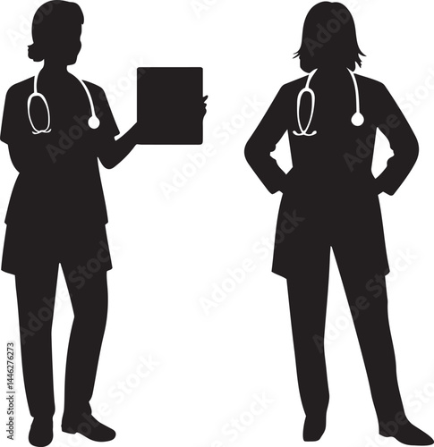 Silhouette of two female doctor medical professionals.