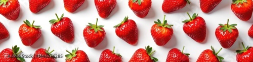 Red juicy strawberries arranged in a repeating pattern on white background , design element, healthy, ripe