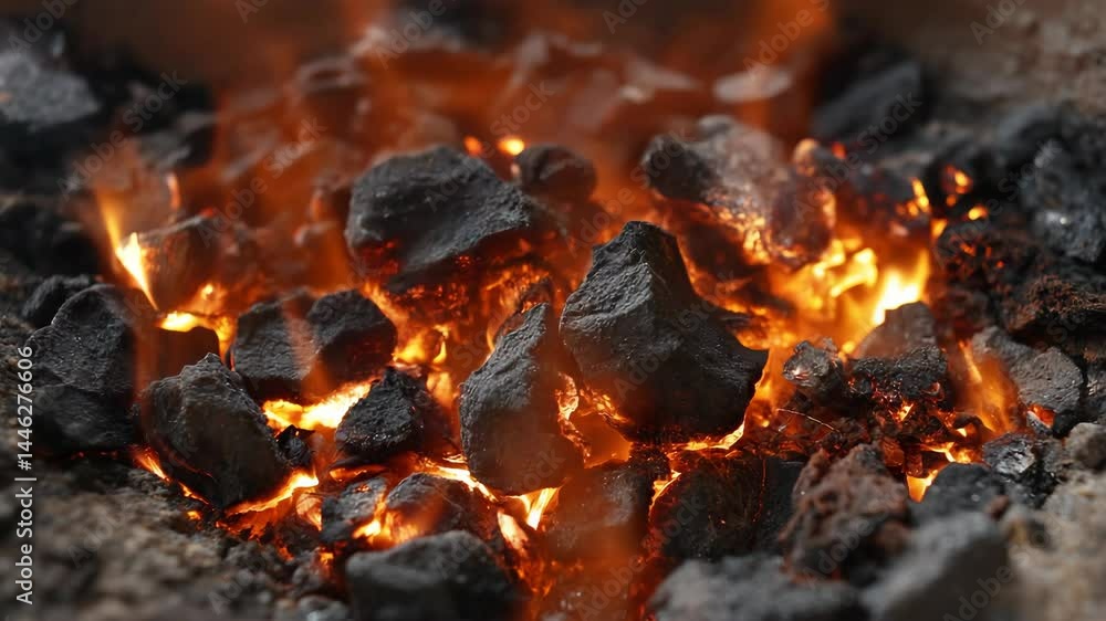 Close up of burning coal, hot embers glow brightly in furnace for heating or industrial processes. Close up of burning coal, hot embers glow brightly in furnace for heating or industrial processes.