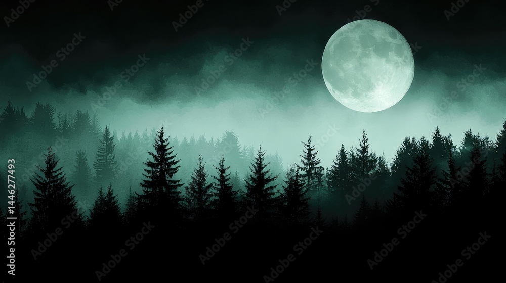 Naklejka premium A foggy forest scene illuminated by the full moon at night