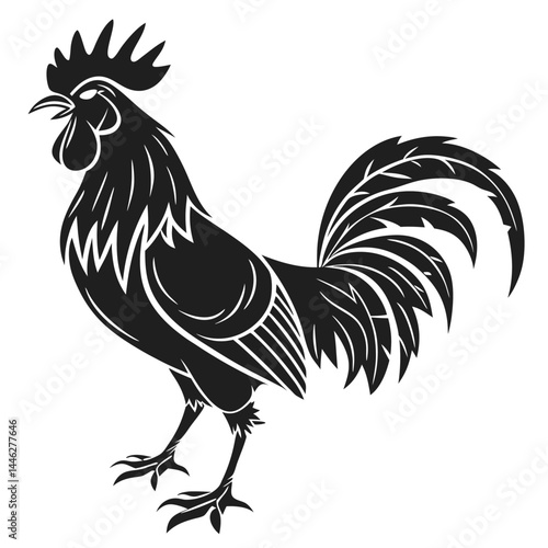 Detailed Black Rooster Illustration, Decorative Fowl Graphic, Poultry Silhouette Icon