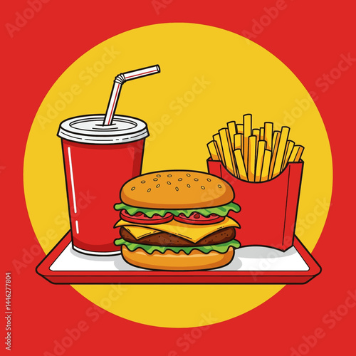 Flat style vector illustration of a classic fast food combo: burger, fries, and soda. Clean, modern design for menus and graphics
