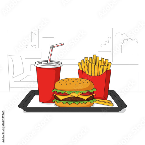 Flat vector illustration of a fast food meal. Includes a burger, fries, fried chicken, and a drink on a tray. Perfect for restaurant menus and food-related designs