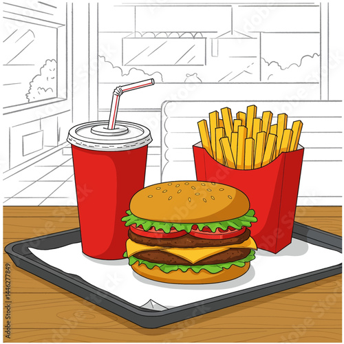 Flat vector illustration of a fast food meal. Includes a burger, fries, fried chicken, and a drink on a tray. Perfect for restaurant menus and food-related designs