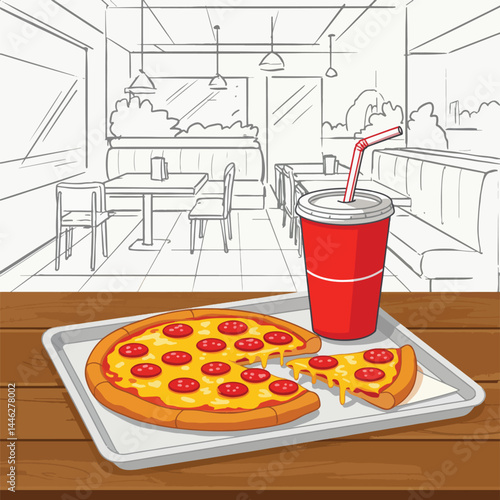 Adobe Illustrator Artwork Flat vector illustration of pepperoni pizza on a tray with a soda. Perfect for fast food, lunch, or restaurant concepts
