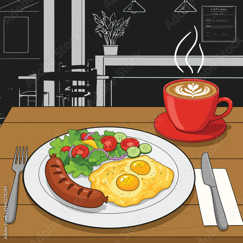 Adobe Illustrator Artwork Vibrant flat vector illustration of a healthy breakfast: sausage, fried egg, scrambled eggs, and salad with coffee in a hand sketch restaurant setting