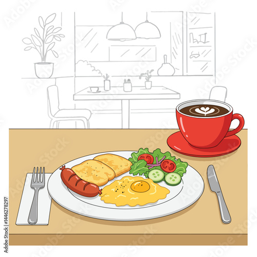 Adobe Illustrator Artwork Vibrant flat vector illustration of a healthy breakfast: sausage, fried egg, scrambled eggs, and salad with coffee in a hand sketch restaurant setting