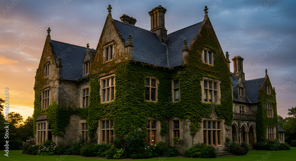 Fototapeta premium Grand Stone Estate With Ivy Embraced Walls And Evening Sky Panorama
