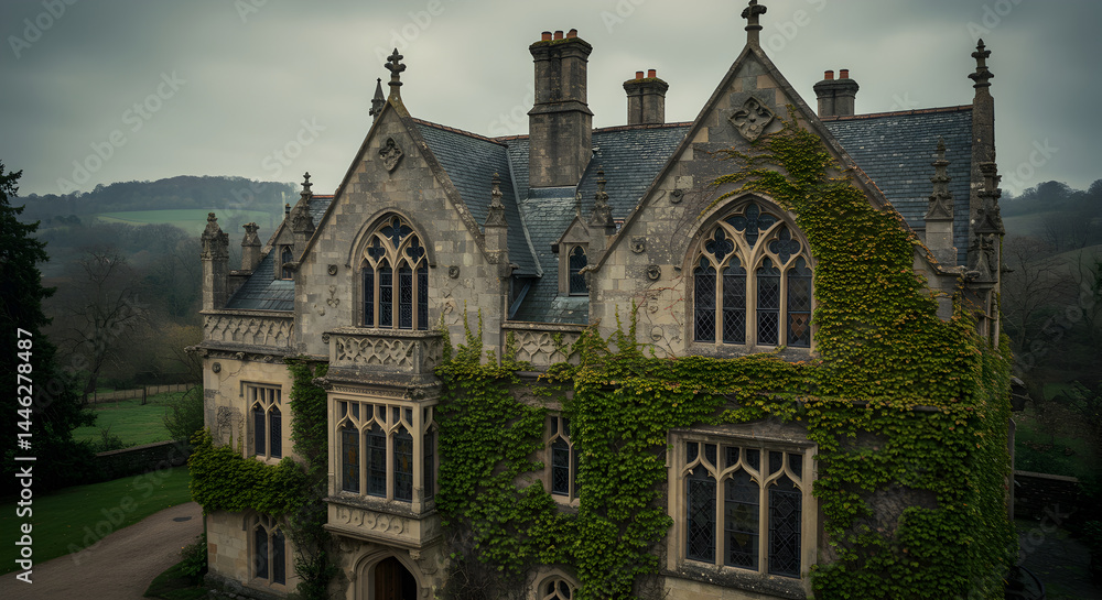 Exterior View Of Gothic Manor House With Ivy Growth On A Cloudy Day Exterior View Of Gothic Manor House With Ivy Growth On A Cloudy Day