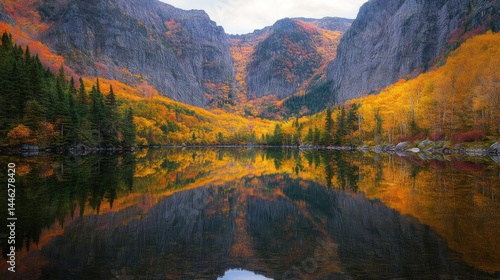 Autumnal foliage reflects beautifully in a still mountain lake