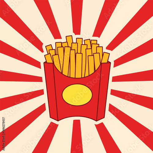 Adobe Illustrator Artwork Flat-style vector illustration of french fries in a red container with a yellow logo, set against a striped background. Perfect for fast food themes