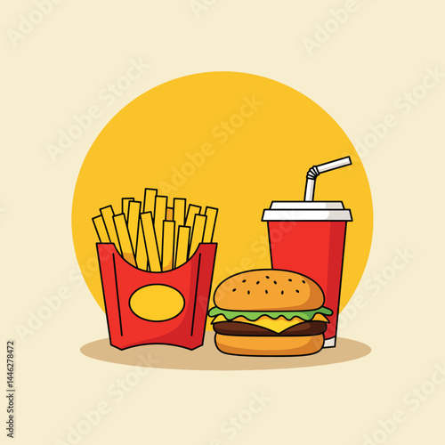 Flat style vector illustration of a classic fast food combo: burger, fries, and soda. Clean, modern design for menus and graphics