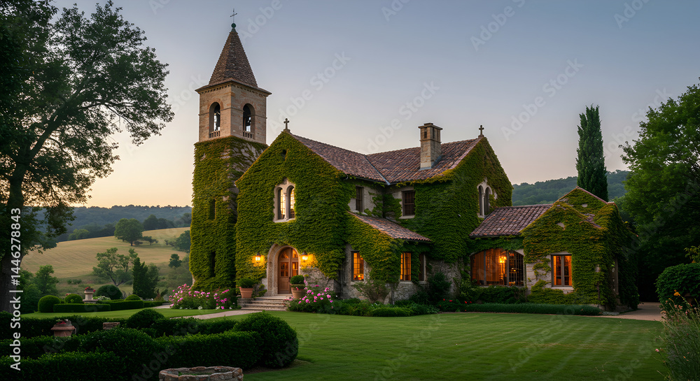Idyllic Stone Church Covered With Vines In The Countryside At Sunset Idyllic Stone Church Covered With Vines In The Countryside At Sunset