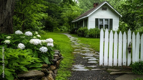 A quaint white cottage with a stone path in a garden