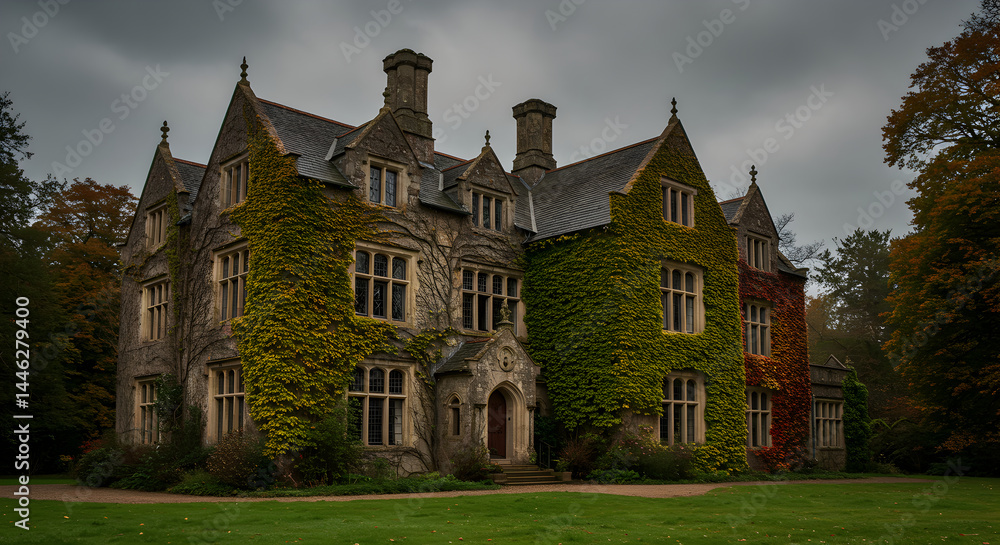 Obraz premium Grand Stone Manor House Enveloped in Vibrant Ivy Under an Overcast Sky