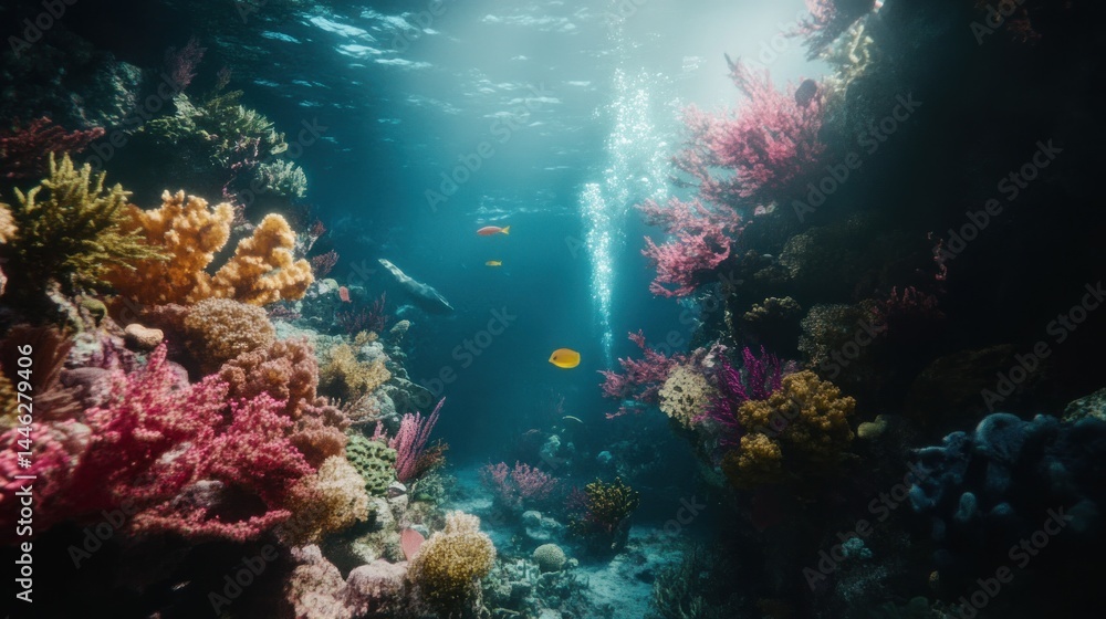 A vibrant coral reef ecosystem teeming with aquatic life A vibrant coral reef ecosystem teeming with aquatic life